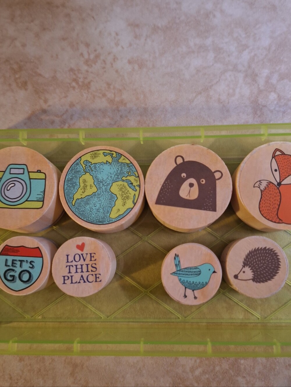 8 Wood Rubber Stamps Woodland Animals Fox Bear Hedgehog Bird Travel Camera